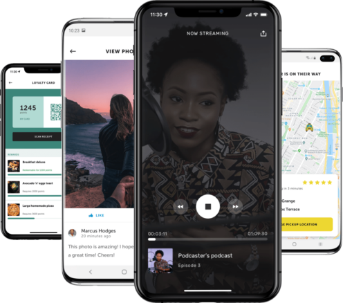 Radio Streaming App Maker four smartphones using mobile apps