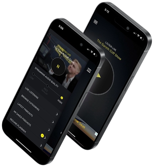 Shoutem Podcast App Creator Two smartphones displaying podcast apps created with Shoutem.
