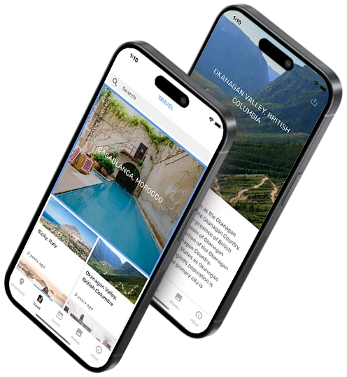 Shoutem Travel App Creation Platform Two smartphones displaying travel apps created with Shoutem.